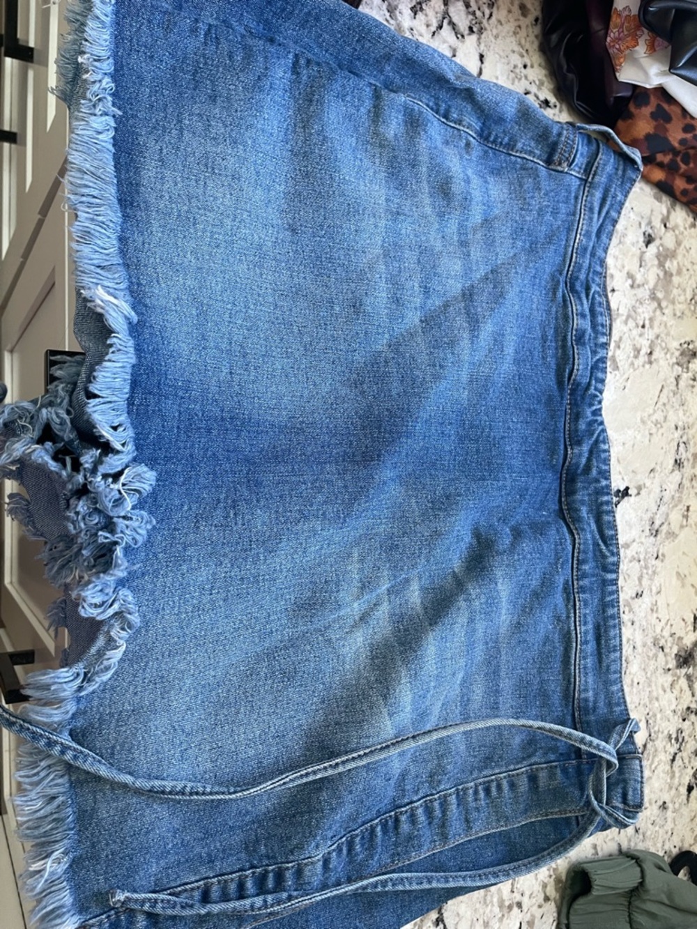 ARULA Light Blue Denim Mini Skort with Frayed Hem